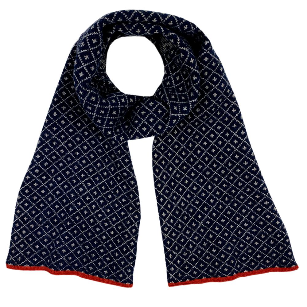 fairisle diamond pattern scarf navey with brick red trims.jpg